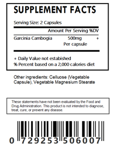 Garcinia Cambogia Extract Powder Capsules (60% HCA 500 mg Each)